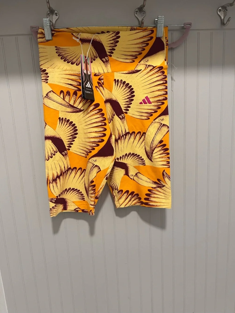 adidas x farm Rio Women’s Yellow & Brown Bird-Print Bike Shorts - Picture 3 of 4